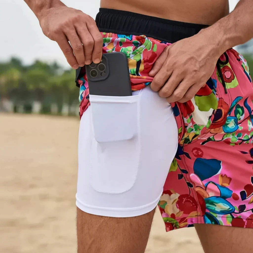 Modern multi-print men's swim trunks featuring quick-dry fabric and a comfortable compression liner.