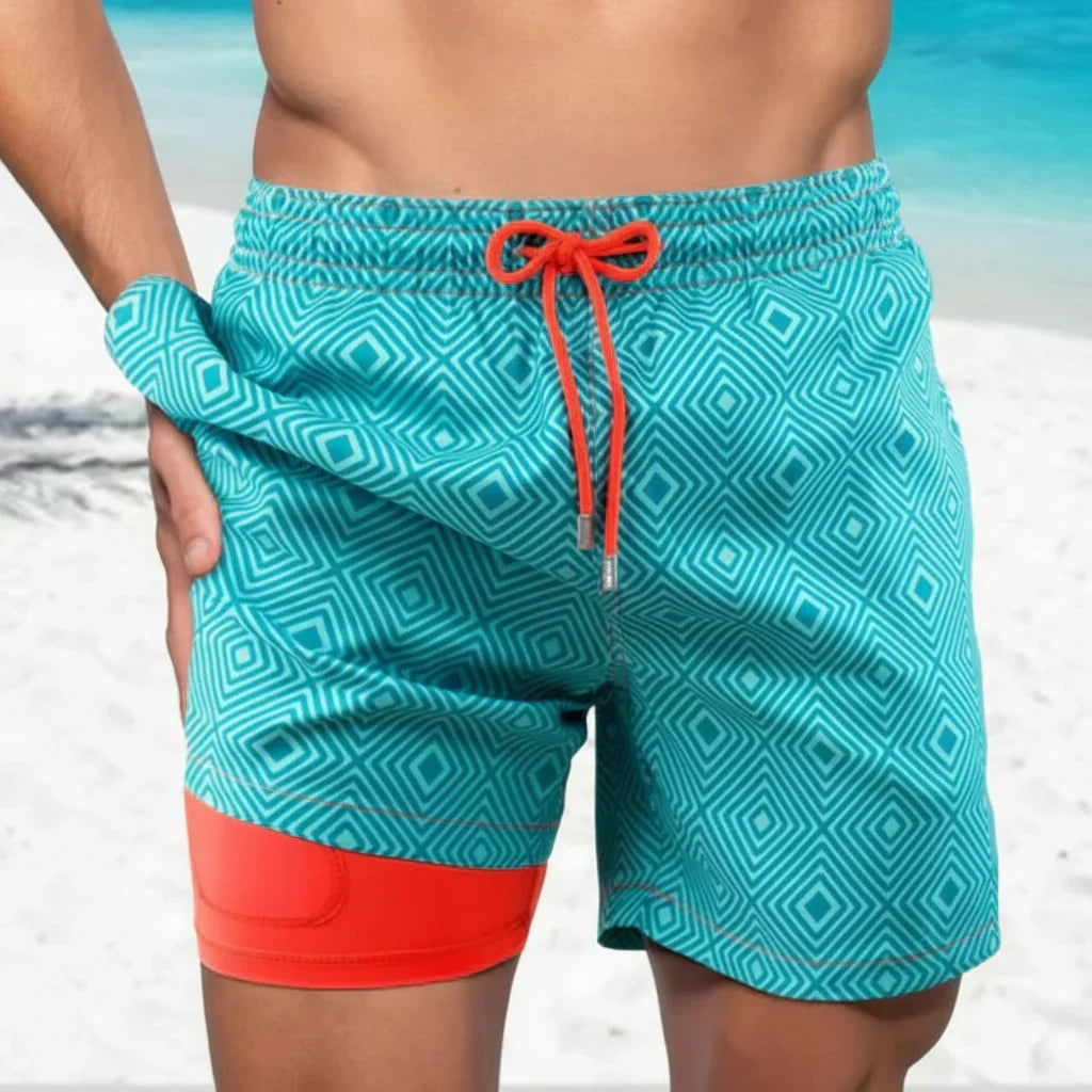 Versatile men's multi-print swim shorts. Quick-dry, with a compression liner, great for any summer activity.