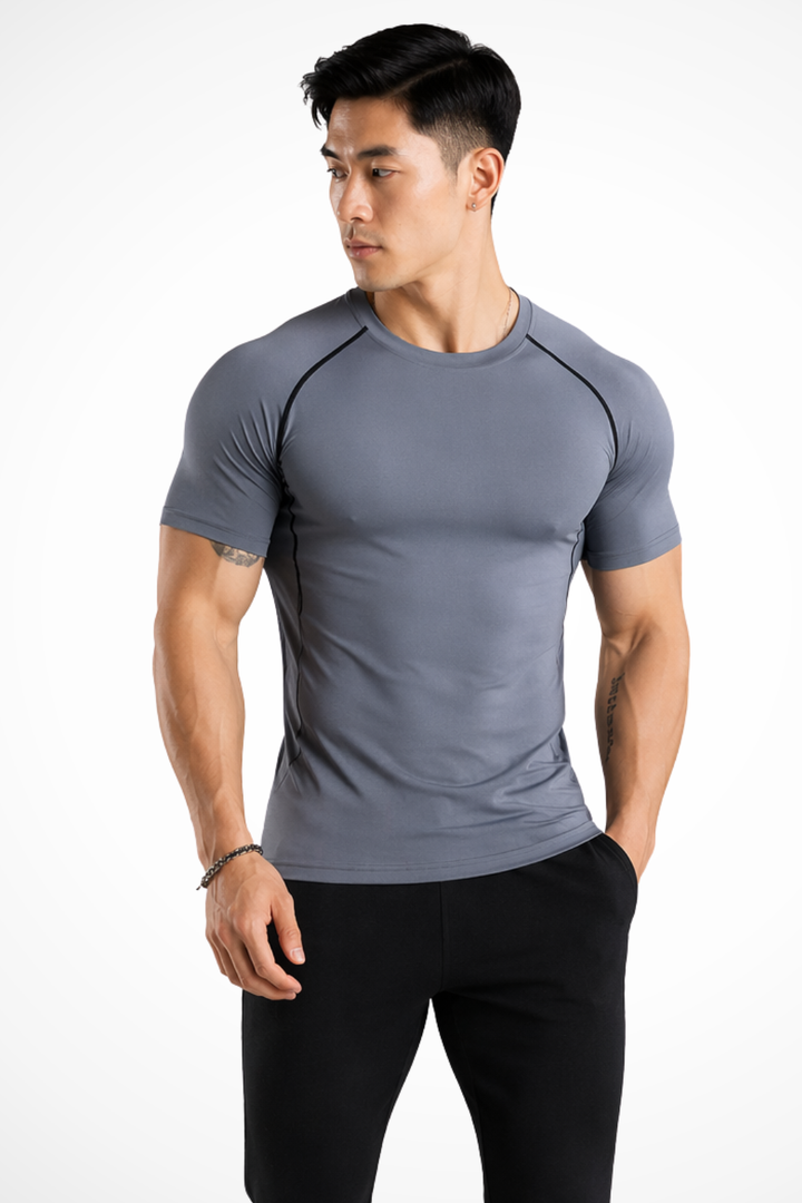 Athletic men's short sleeve crew neck tee, offering a slim, muscle fit for active wear.