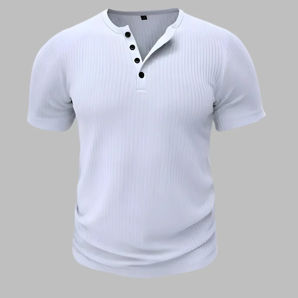 Men's muscle fit henley t-shirt in athletic style. Short sleeve, slim fit for workouts or casual wear. Everyday tee.