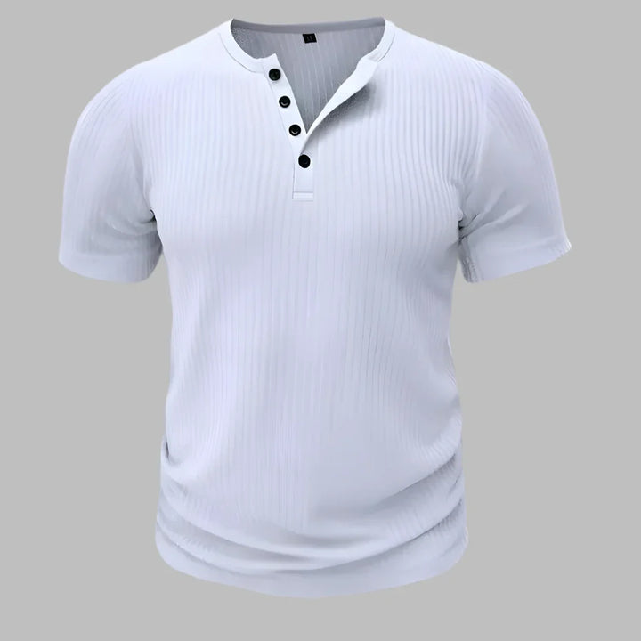 Men's muscle fit henley t-shirt in athletic style. Short sleeve, slim fit for workouts or casual wear. Everyday tee.
