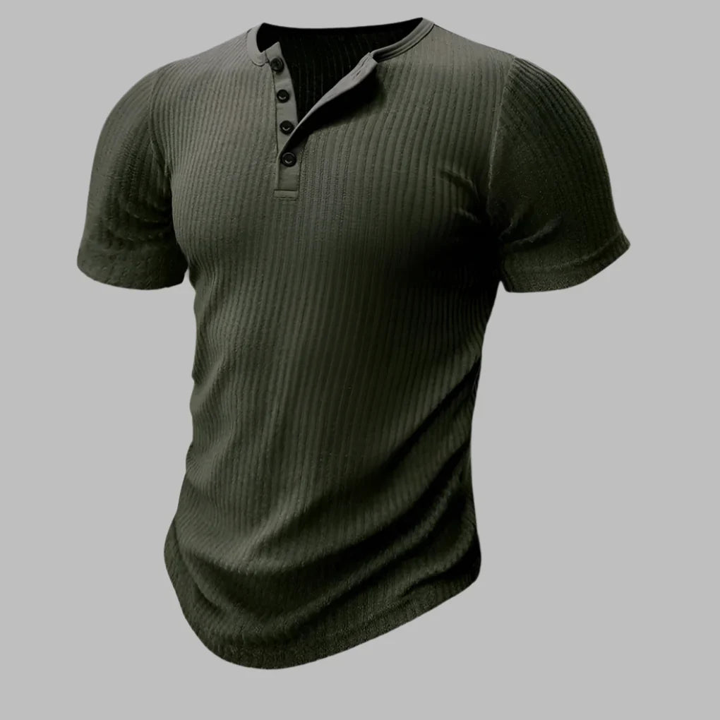 Stylish men's muscle fit henley t-shirt. Slim fit short sleeve athletic top for casual wear & men's fashion. Everyday.