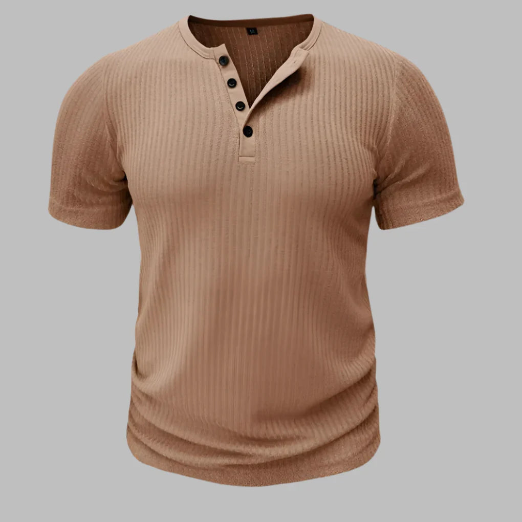 Comfortable muscle fit henley t-shirt for men. Short sleeve workout shirt, athletic top for gym or active casual wear.