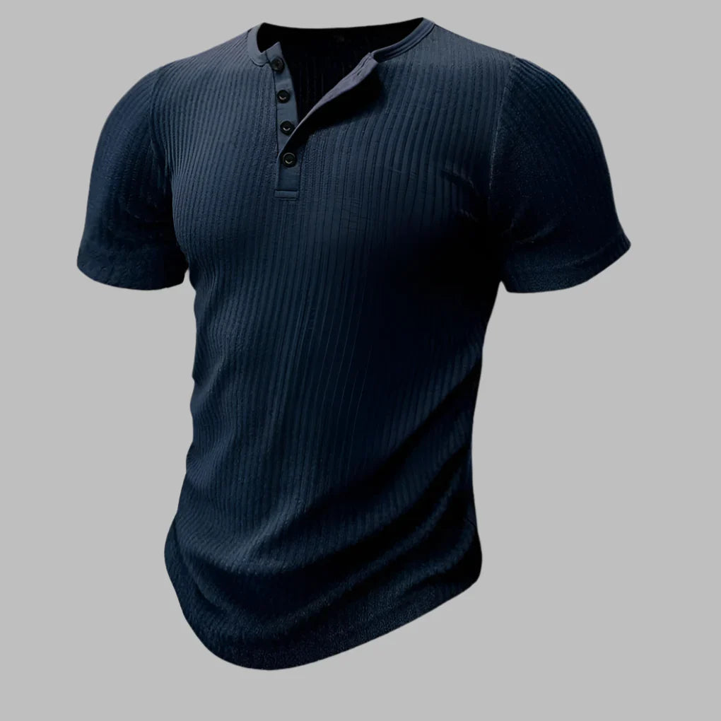 Men's everyday henley t-shirt, muscle fit design. Slim fit athletic top for casual wear, short sleeve men's fashion.