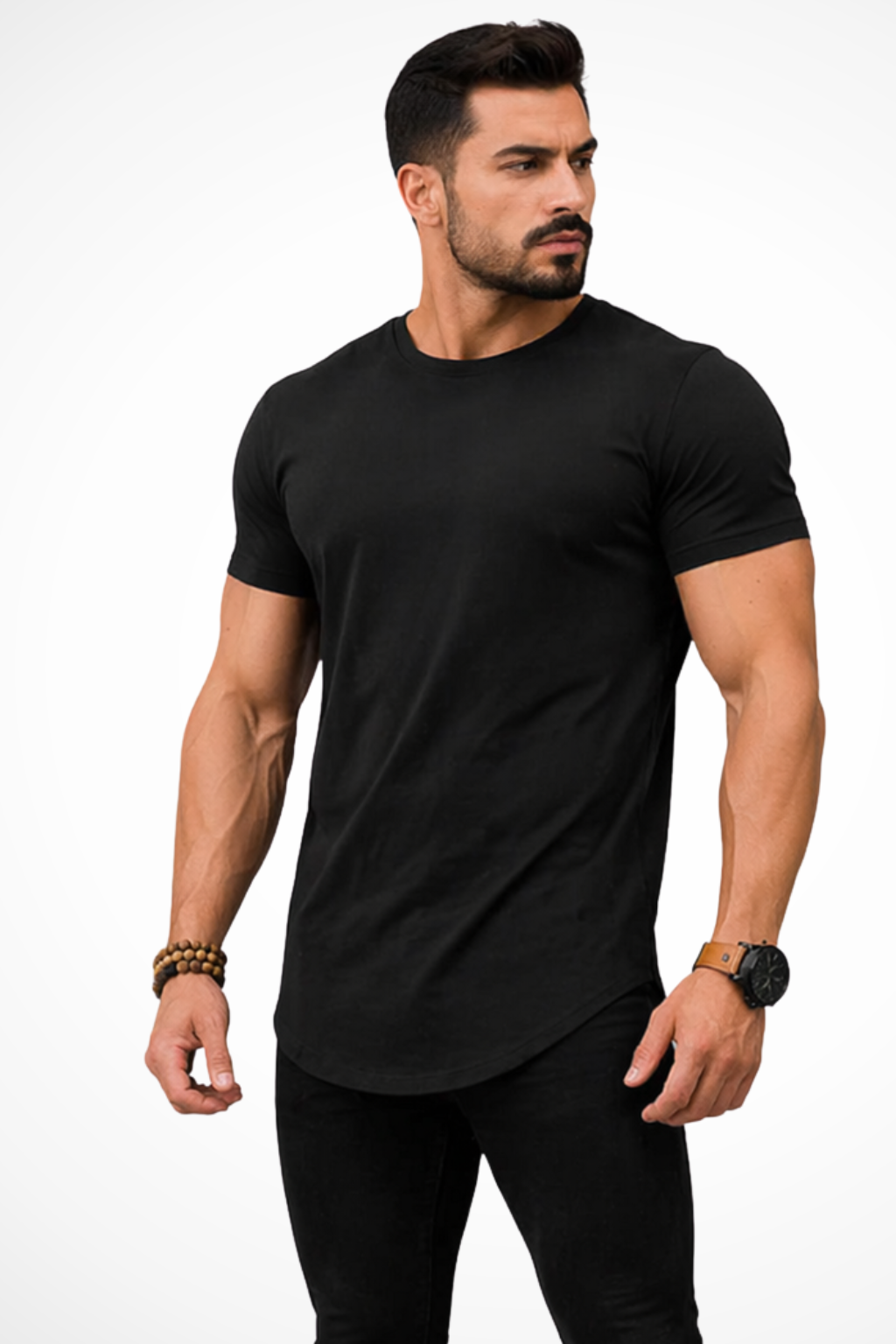 Men's muscle fit longline t-shirt with a stylish curved hem. Perfect athletic fit for modern casual wear.