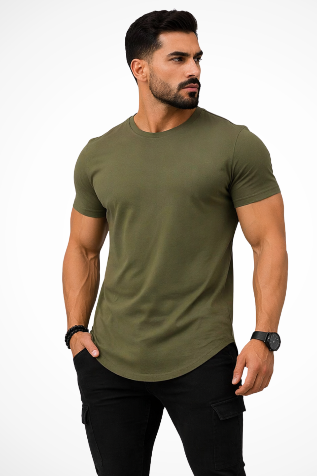 Versatile men's slim fit t-shirt, ideal for layering. Features a trendy curved hem & comfortable muscle fit.