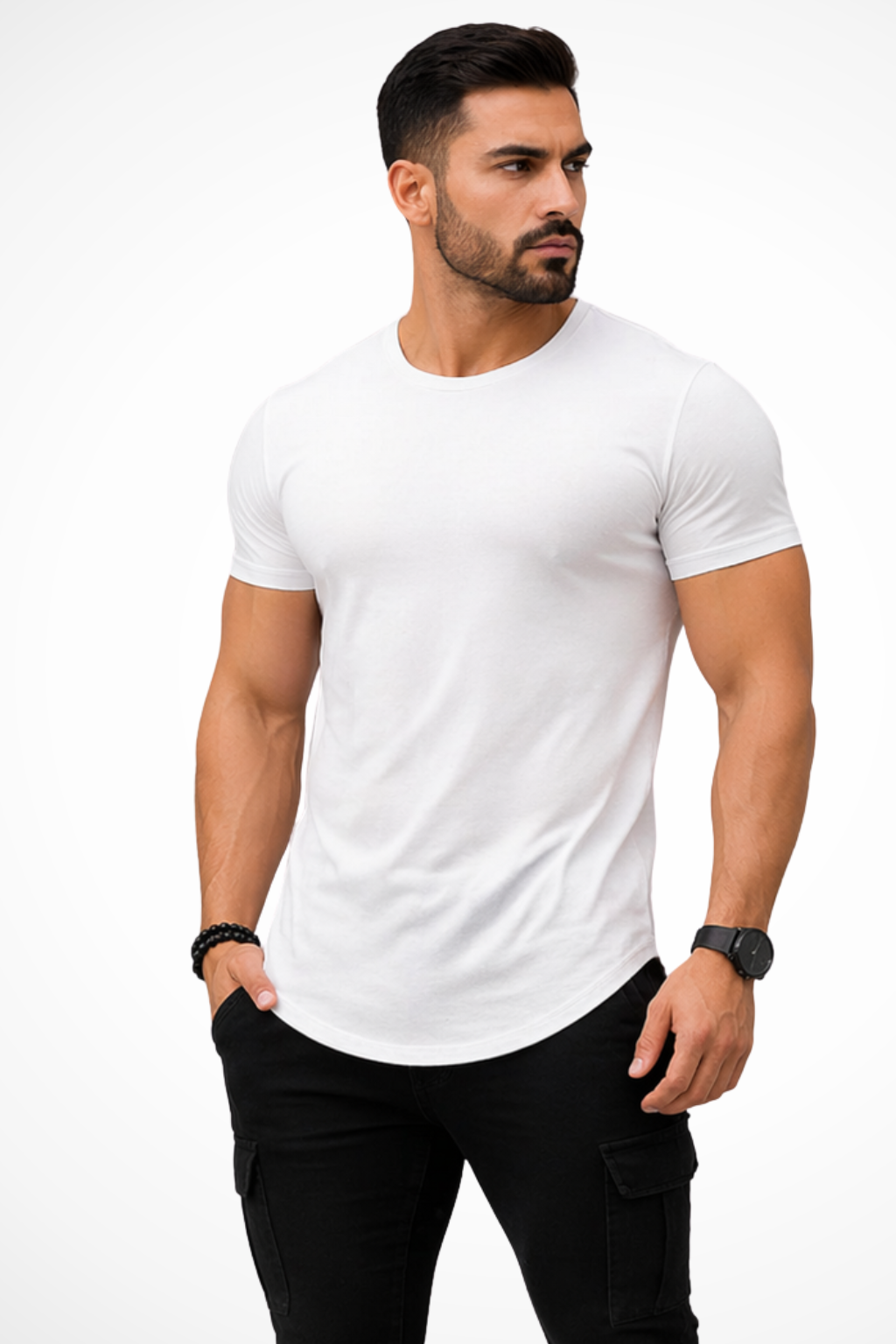 Modern men's muscle fit tee, showcasing a longline cut & flattering curved hem. Everyday fashion for him.