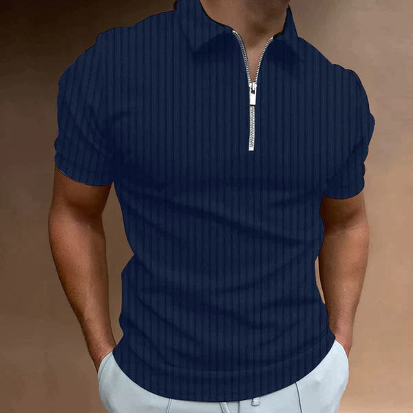 Men's muscle fit zipper polo shirt in a stylish, breathable fabric for a comfortable athletic look.