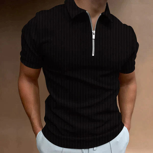 Comfortable men's muscle fit polo shirt with a stylish zipper, ideal for breathable summer wear.