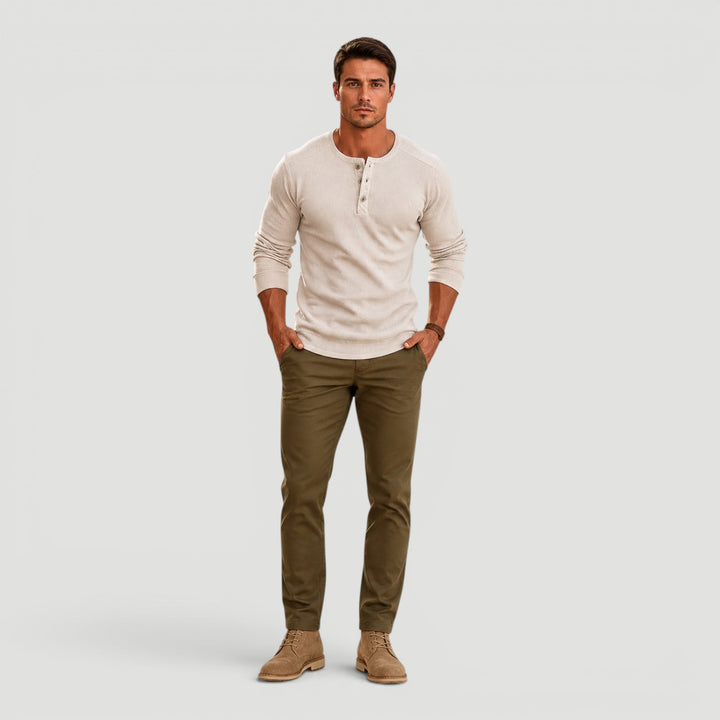 Men's navy Henley button neck sweater, classic long sleeve top for casual, everyday style. Comfortable men's fashion.