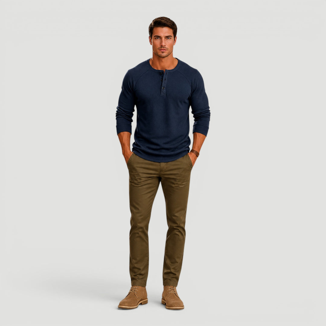 Comfortable men's Henley sweater in soft knit with button neck. Perfect long sleeve for casual layering & everyday wear.