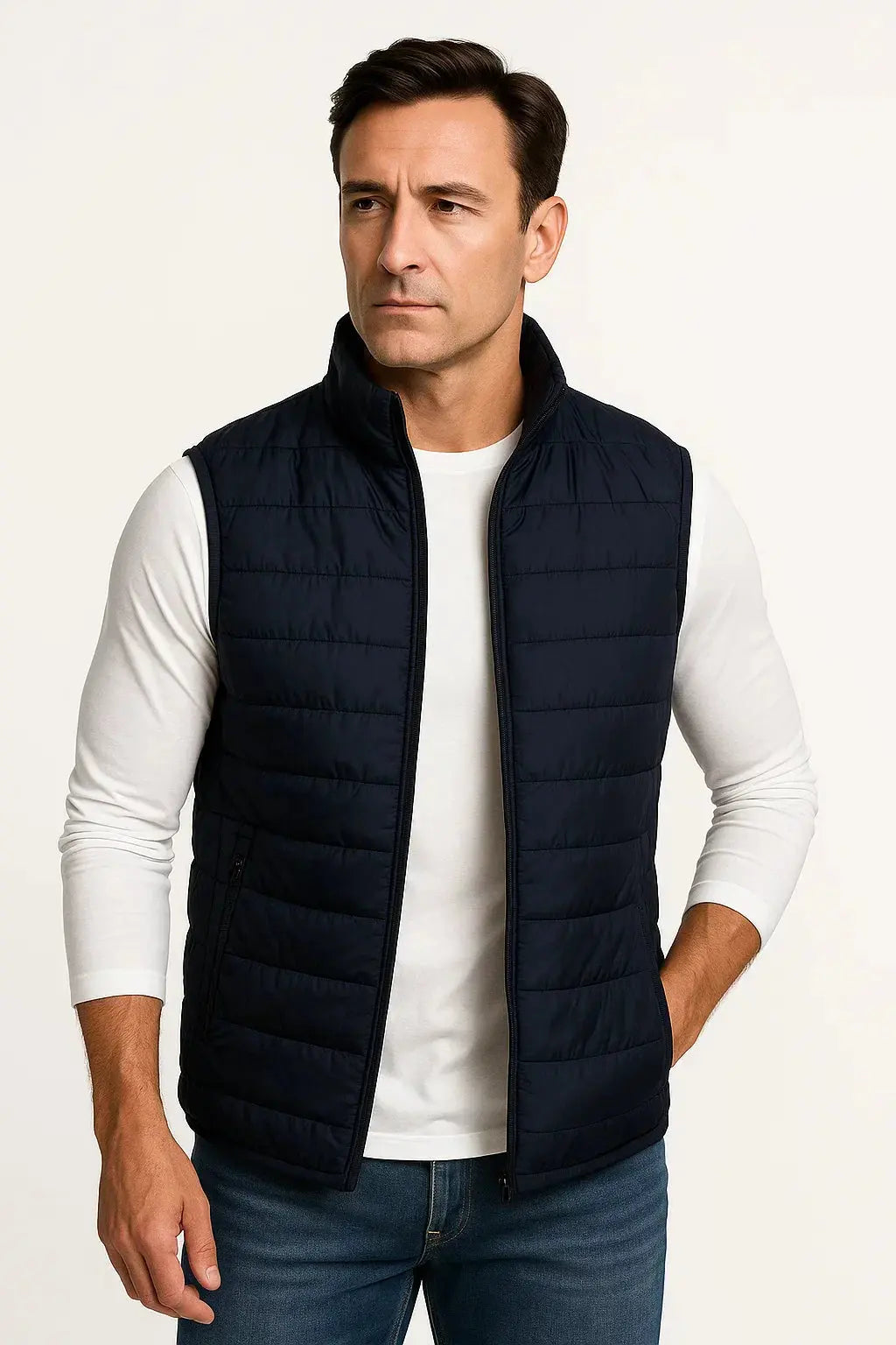 Men's navy puffer vest, a warm sleeveless winter jacket with a stand collar for cold weather layering.