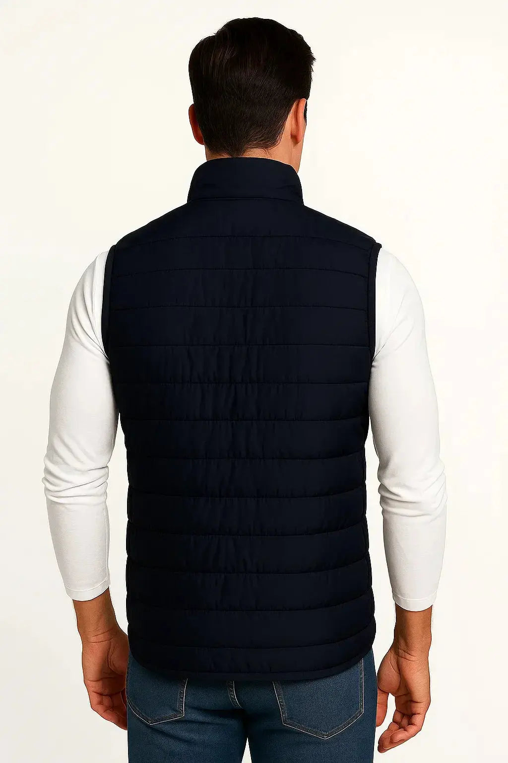 Stylish men's puffer vest, ideal for casual fall fashion, outdoor wear, and layering over sweaters.