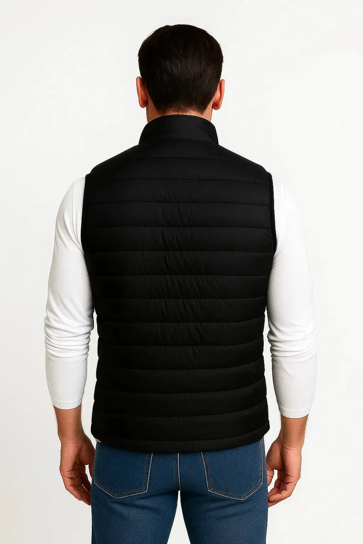 Versatile men's sleeveless puffer jacket, a stylish warm vest for fall fashion and everyday casual outerwear.