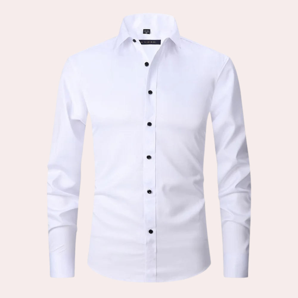 Men's non-iron stretch dress shirt, slim fit, long sleeve button-down. Effortless style & comfort.