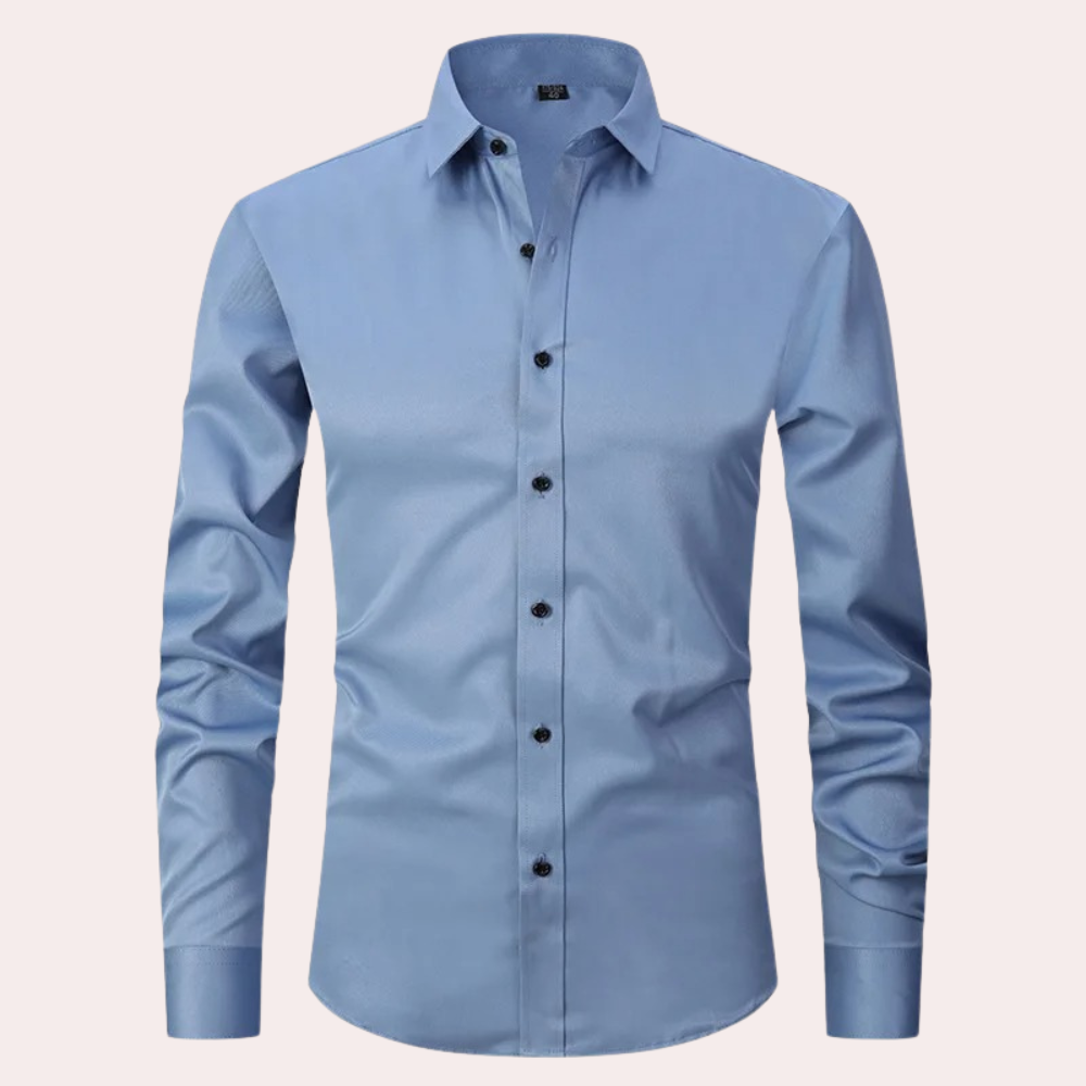 Comfortable men's non-iron dress shirt, long sleeve, stretch fabric for all-day wear & style.