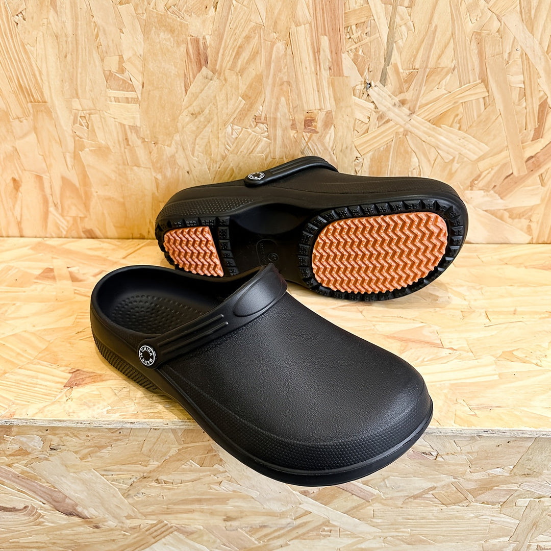 Water-resistant men's garden clogs, comfortable slip-ons for outdoor use.