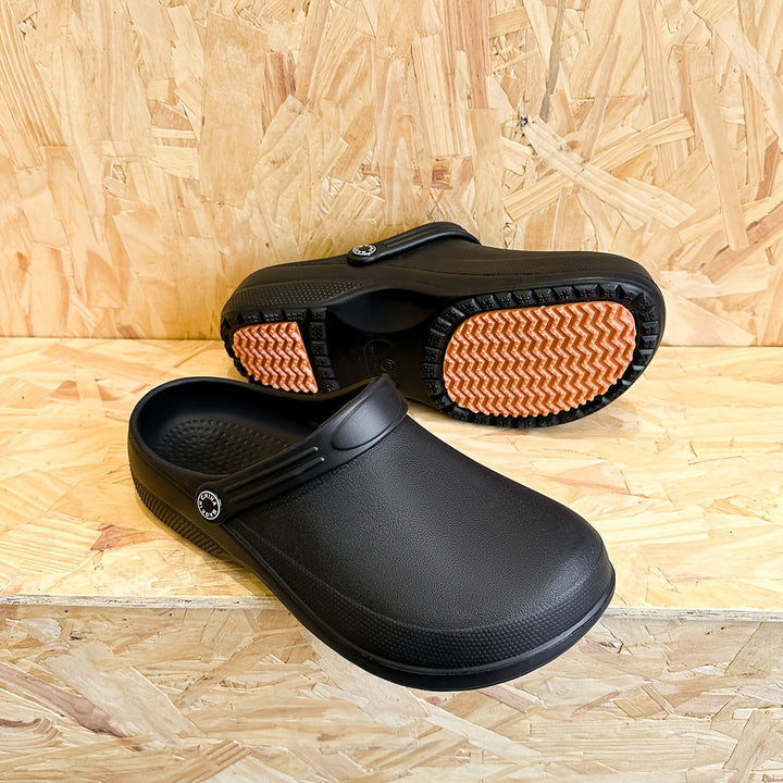 Water-resistant men's garden clogs, comfortable slip-ons for outdoor use.