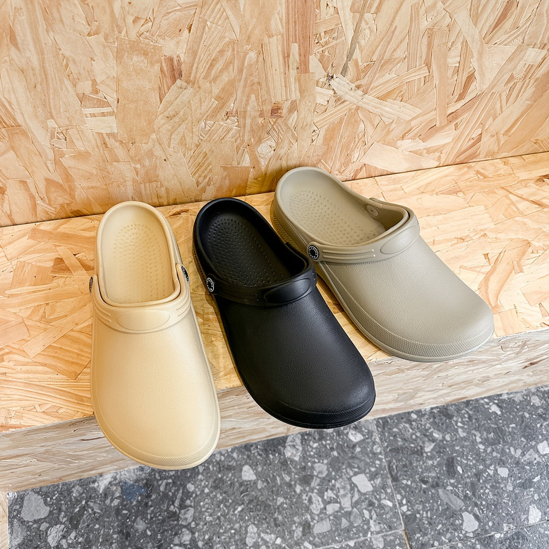 Easy slip-on men's work & garden clogs, non-slip and comfortable all-season footwear.