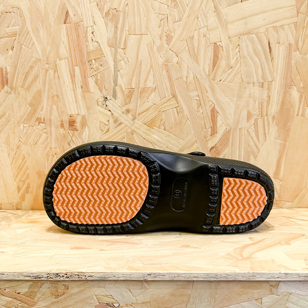 Comfortable all-season men's garden and work slip-ons with non-slip grip.