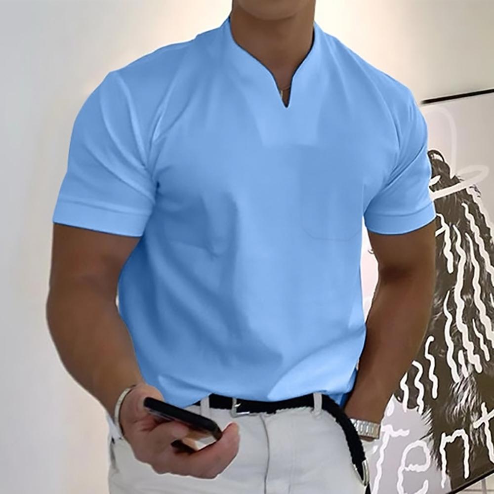 This men's shirt is a short sleeve polo with a contemporary notch collar. Smart casual summer style.