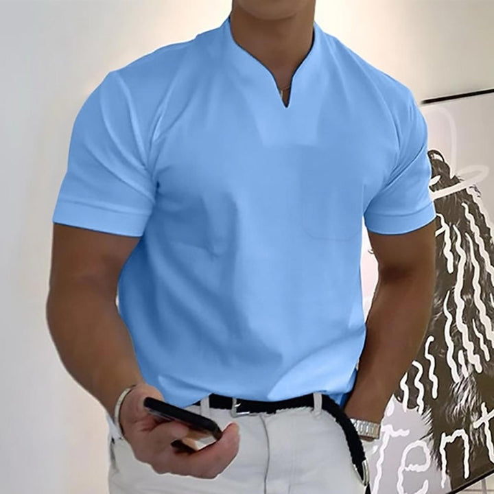 This men's shirt is a short sleeve polo with a contemporary notch collar. Smart casual summer style.