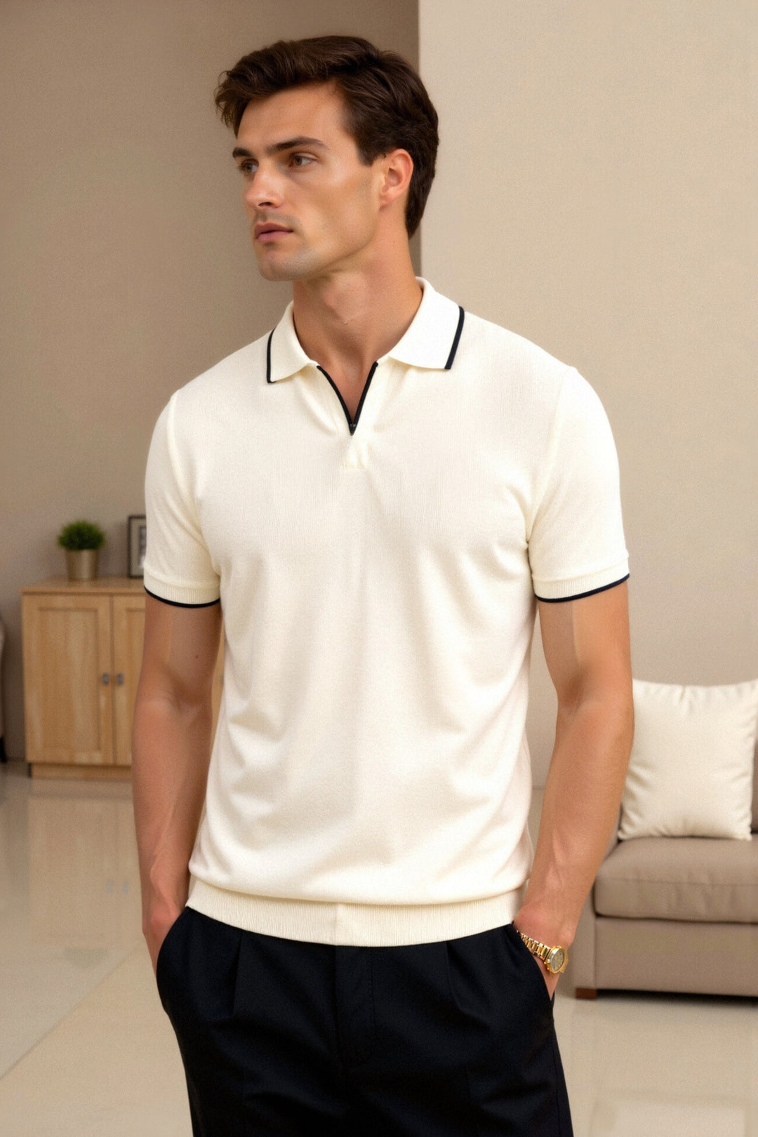 Men's Old Money contrast slim sleeveless polo for elegant summer style.