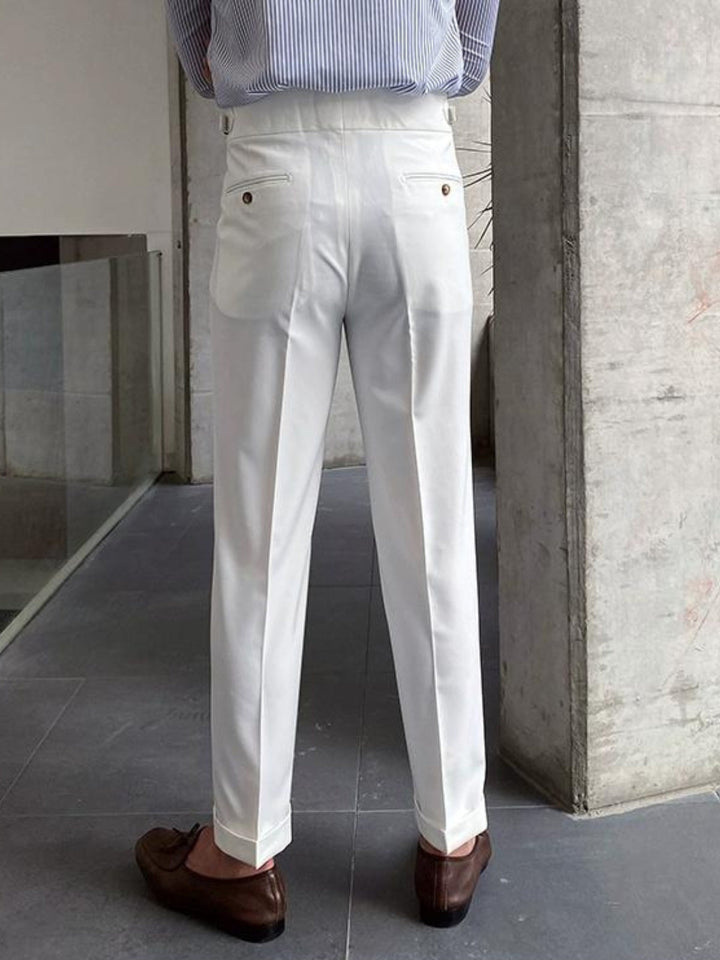 Men's old money Gurkha pants styled, demonstrating elegant timeless tailoring and sophisticated appeal.