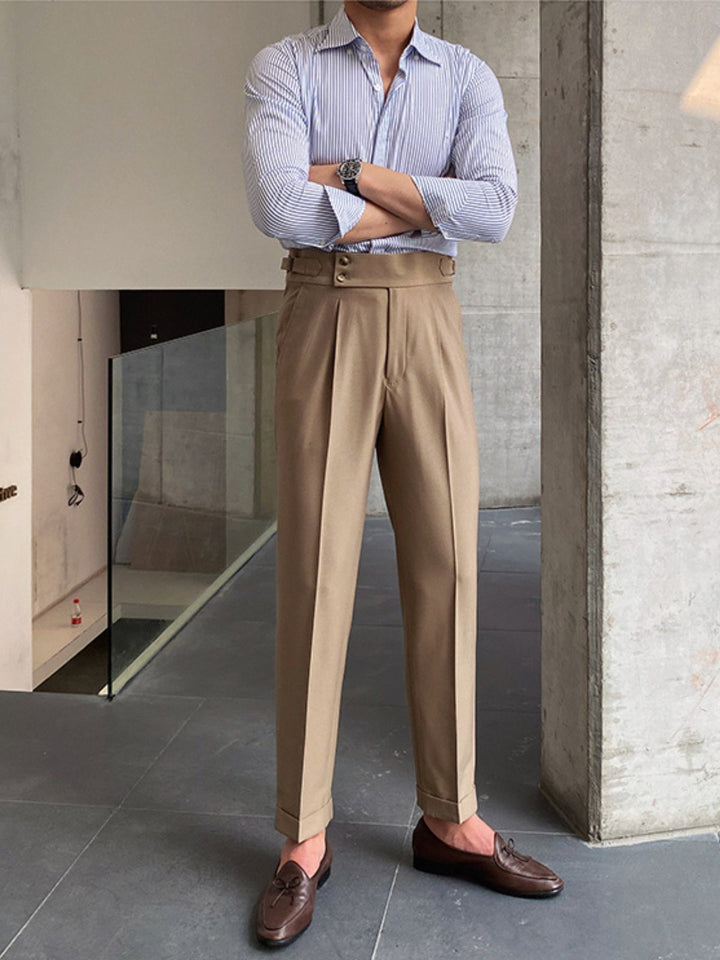 Sophisticated men's Gurkha trousers, high-waisted and pleated, for a refined formal casual look.