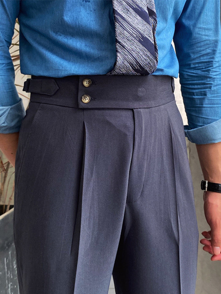 High-waisted men's Gurkha trousers with pleats, perfect for a sophisticated old money style.