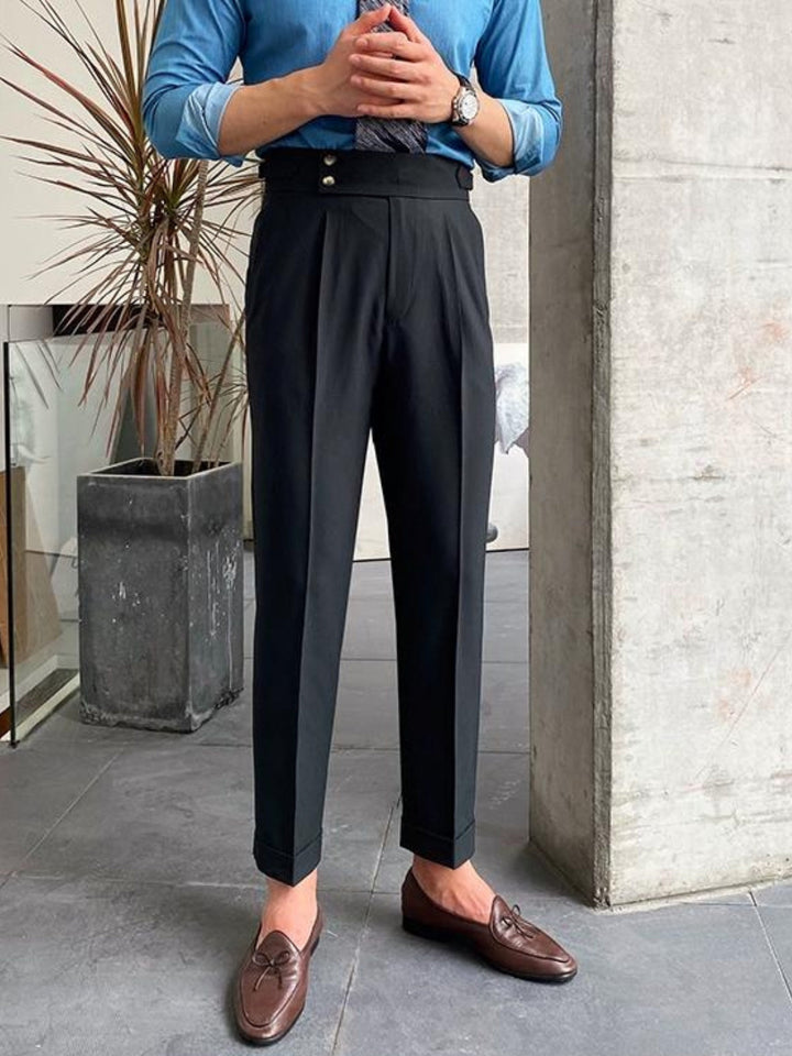 Vintage-inspired men's Gurkha pants, high-waisted and pleated, for a timeless sophisticated look.