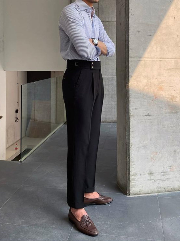 Men's tailored Gurkha dress pants, high-waisted with pleats, for classic old money style.