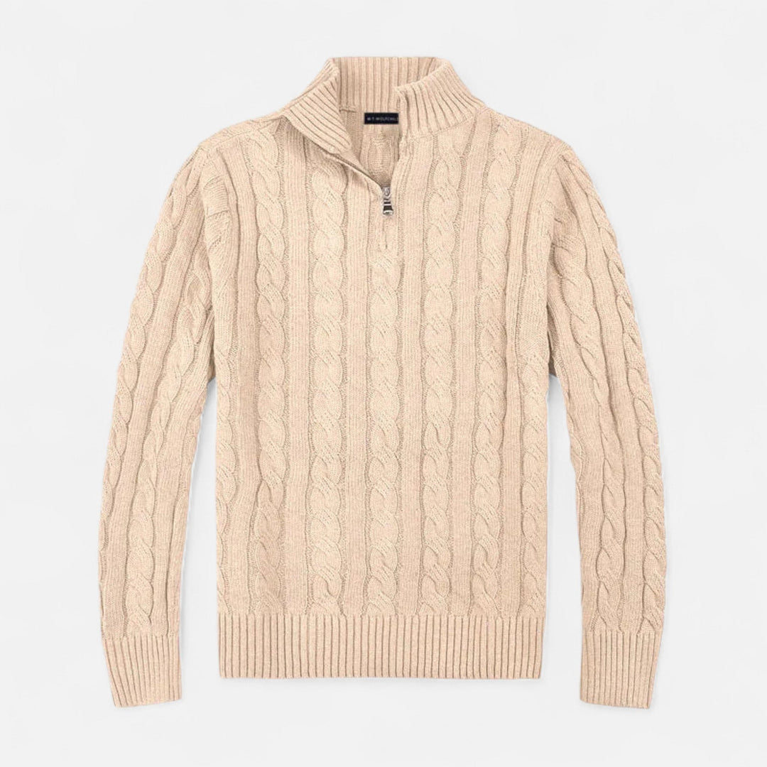 Men's Old Money half-zip sweater in a classic knit, perfect for timeless, elegant casual wear. Sophisticated fall fashion.