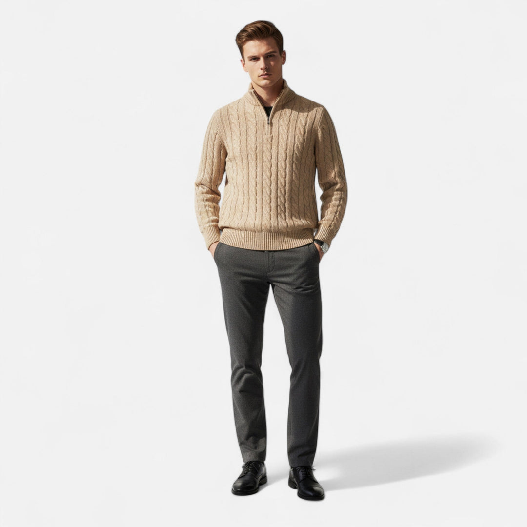 Timeless men's half-zip pullover sweater, offering classic comfort and elegant layering for fall and winter seasons.