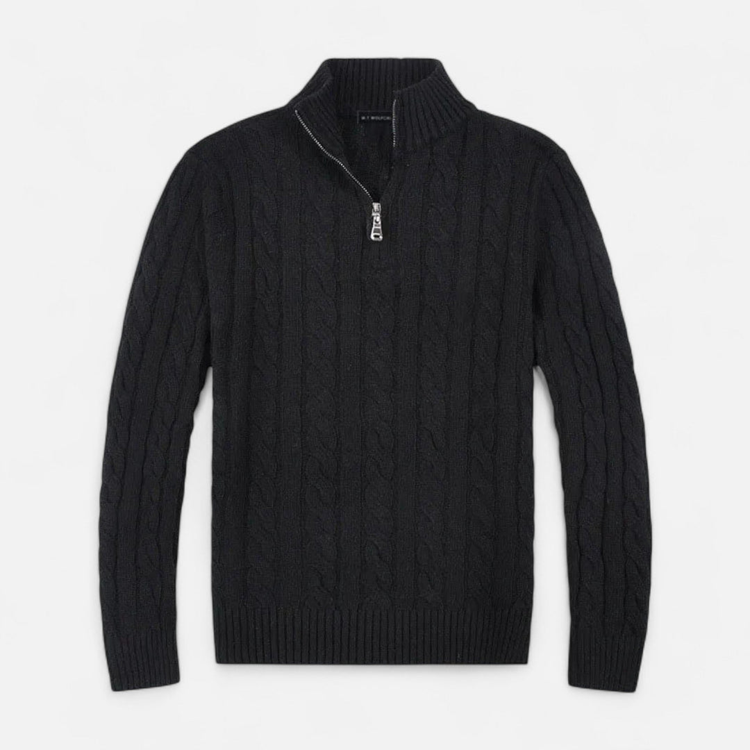 Comfortable men's knit half-zip sweater, ideal for layering. A timeless classic pullover for sophisticated fall outfits.