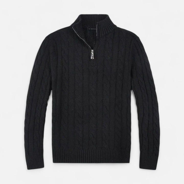 Comfortable men's knit half-zip sweater, ideal for layering. A timeless classic pullover for sophisticated fall outfits.