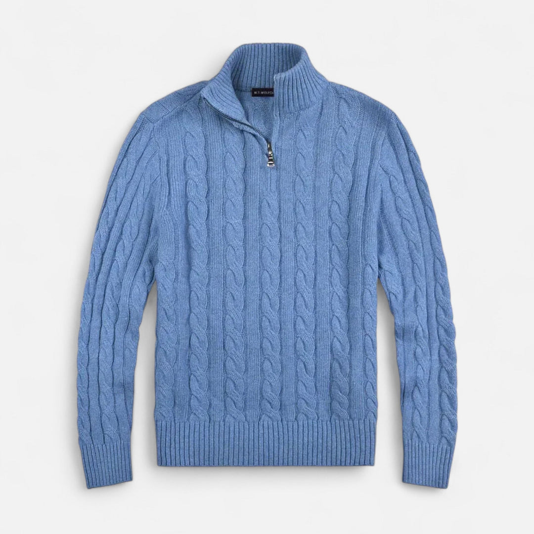 Elegant men's half-zip sweater, embodying classic style and old money aesthetic. Perfect for refined fall & winter wear.