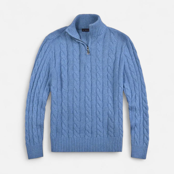 Elegant men's half-zip sweater, embodying classic style and old money aesthetic. Perfect for refined fall & winter wear.