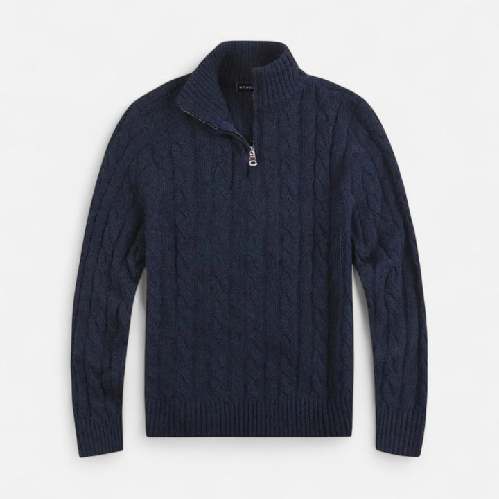 Classic men's half-zip pullover sweater. Timeless knitwear offering casual elegant comfort for any sophisticated wardrobe.
