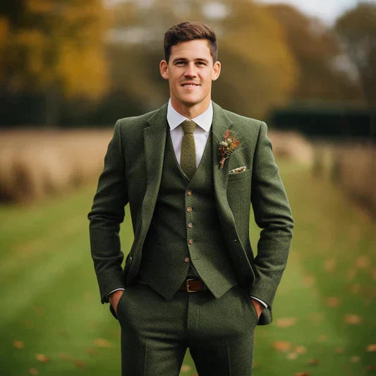 Men's olive green three-piece suit, perfect for weddings & formal events. Tailored slim fit for a sharp look.