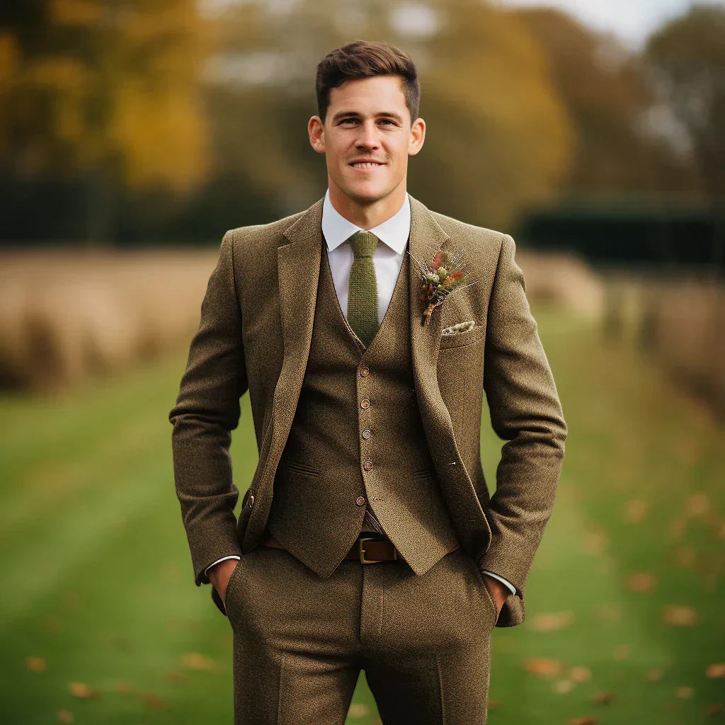 Front view of a dark olive green three-piece suit. Slim fit design for men's formal and wedding events.