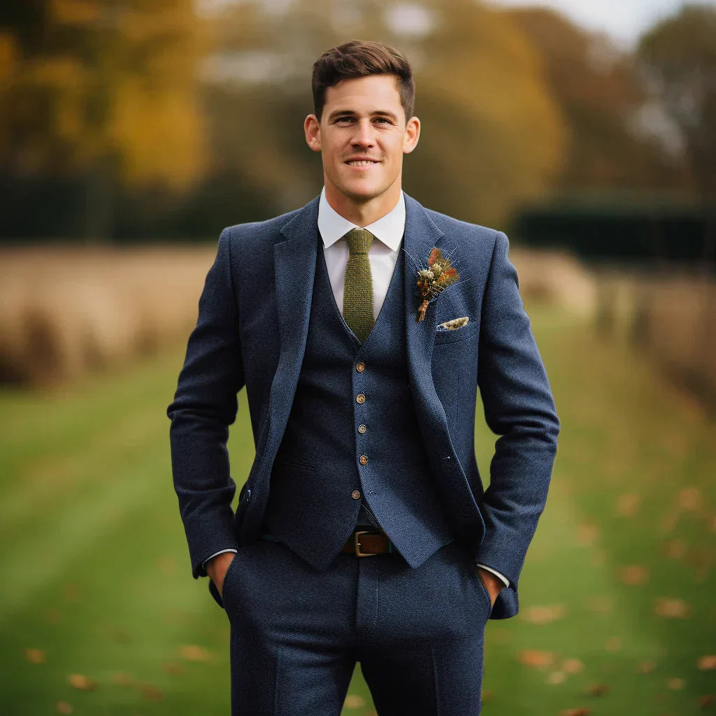 Olive green three-piece suit with a sharp lapel detail. Men's formal business attire or wedding outfit.