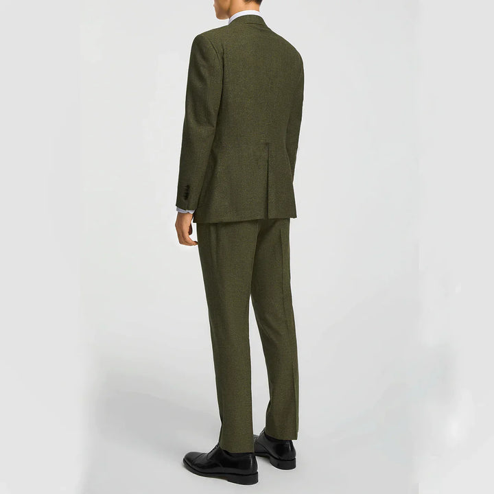 Elegant olive green three-piece men's wedding suit. Ideal formal wear for special occasions & events.