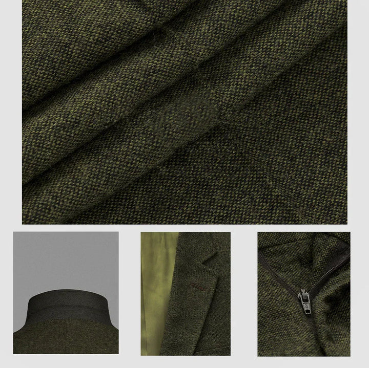 Detail of the olive green three-piece suit fabric, showcasing its quality for formal & wedding events.