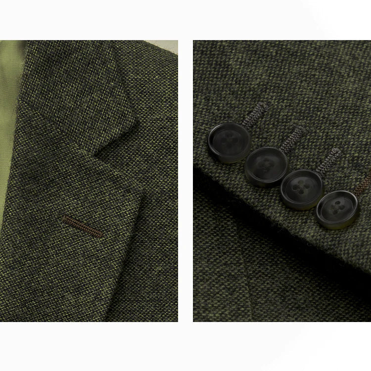 Man modeling a sophisticated olive green three-piece formal suit. Perfect for a wedding or special event.