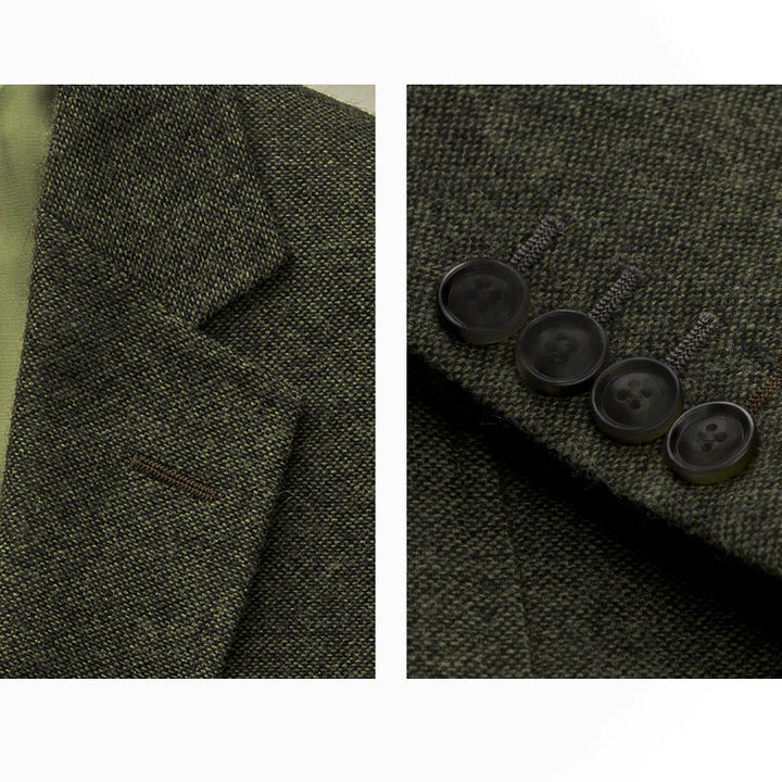 Man modeling a sophisticated olive green three-piece formal suit. Perfect for a wedding or special event.