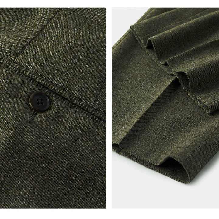 Olive green men's wedding suit, featuring a three-piece design & slim fit. Gentleman's formal attire.