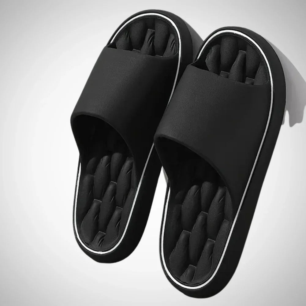 Men's orthopaedic recovery sliders, black, with contoured footbed for arch support & cushioned slip-on comfort.