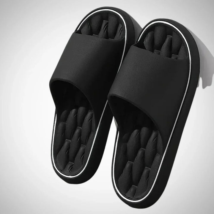 Men's orthopaedic recovery sliders, black, with contoured footbed for arch support & cushioned slip-on comfort.