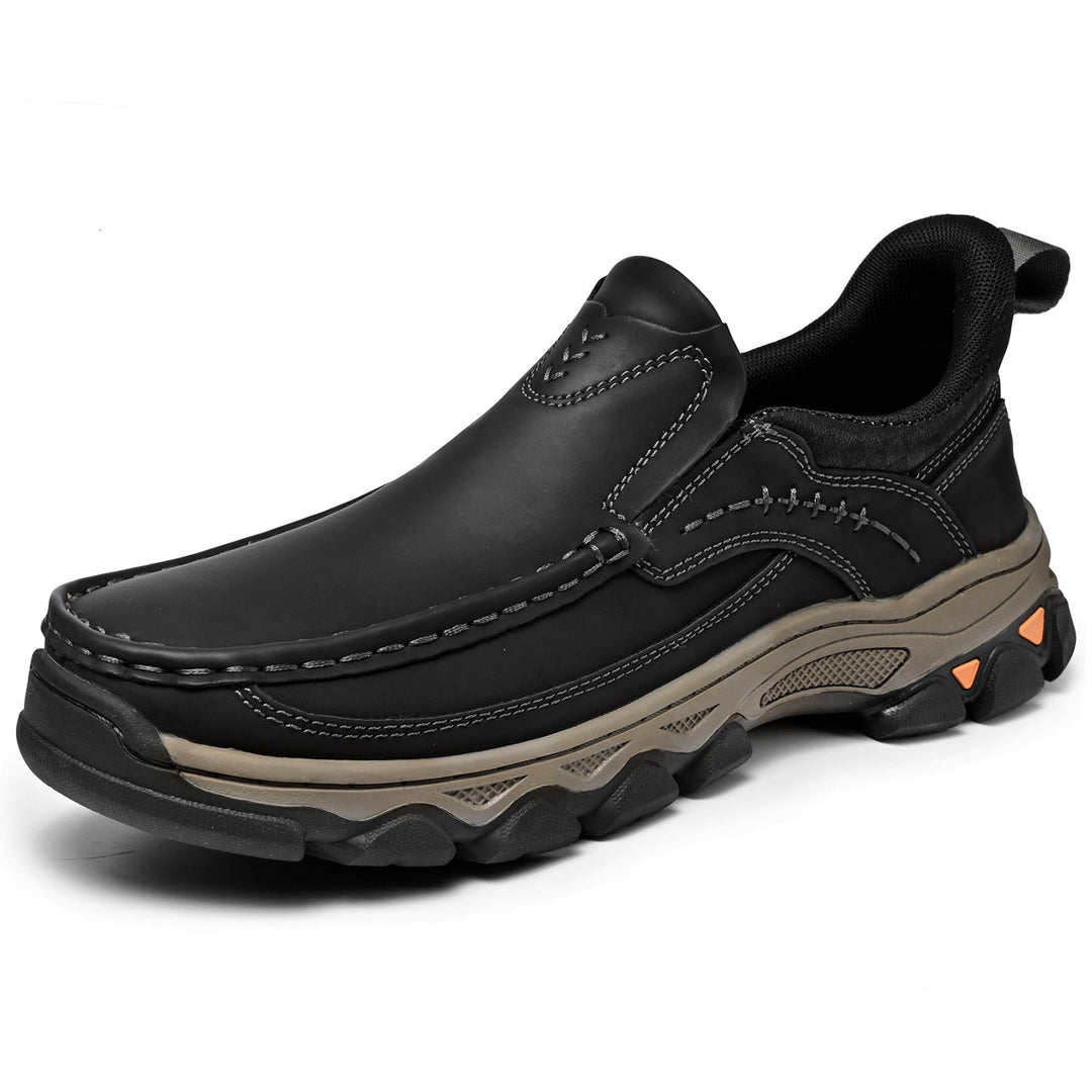 Comfortable men's slip-on walking shoes with orthopedic arch support for pain relief.